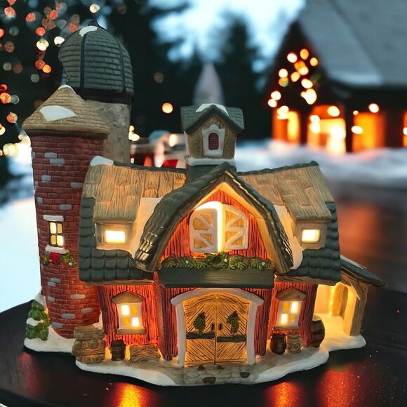 Porcelain, Ceramic Light Up Christmas, Winter Red Snowy Farm Barn, Silo - Picture 3 of 7